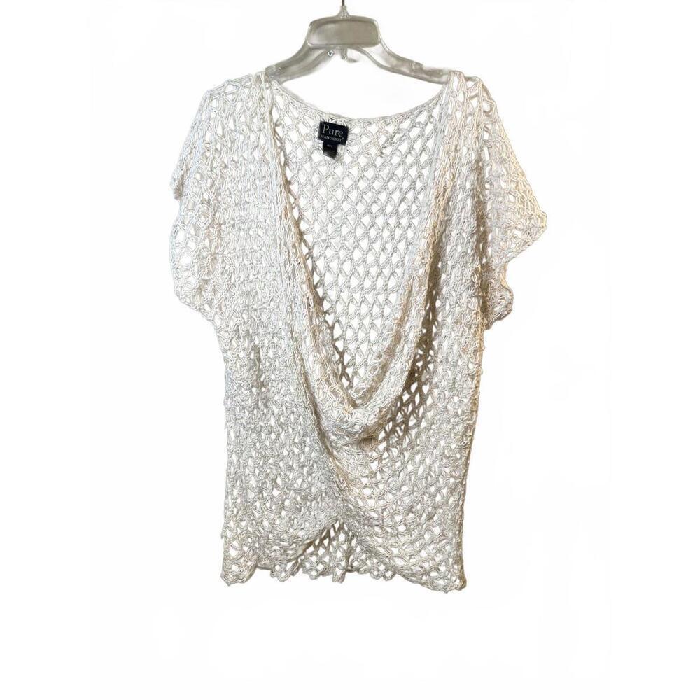 Pure Handknit White Crochet Knit 100% Cotton Cowel Neck Short Sleeve Top M/L
